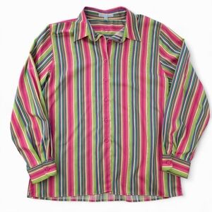 Foxcroft Wrinkle-Free Striped Button-Up Shirt Size 14 Bright Rainbow Classic Fit